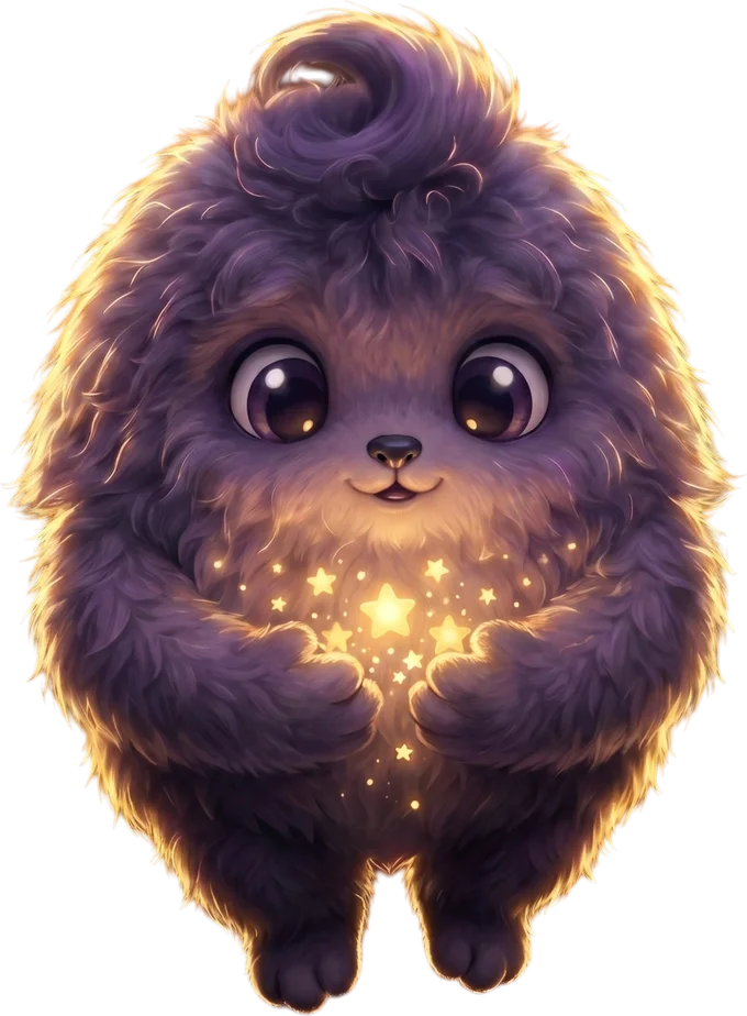 Umbrik, a fluffy starry familiar, holding a handful of glowing stars
